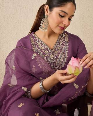 Women Embroidered Sequinned Regular Straight Kurta With Trousers & Dupatta 2