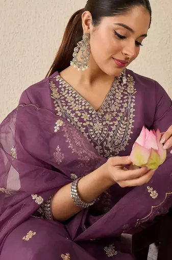 Women Embroidered Sequinned Regular Straight Kurta With Trousers & Dupatta