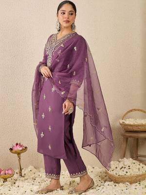 Women Embroidered Sequinned Regular Straight Kurta With Trousers & Dupatta 3