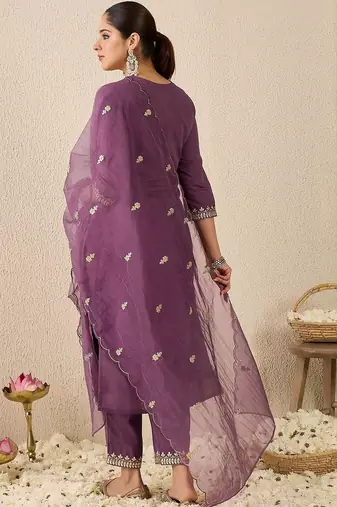 Women Embroidered Sequinned Regular Straight Kurta With Trousers & Dupatta