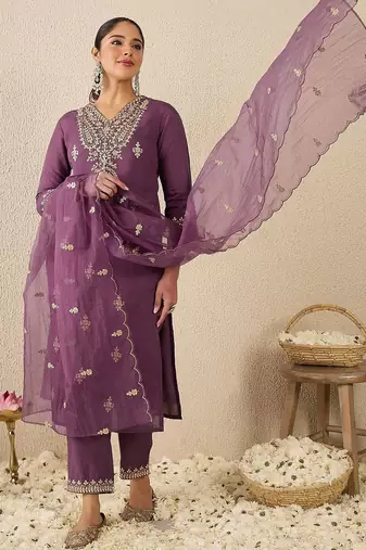 Women Embroidered Sequinned Regular Straight Kurta With Trousers & Dupatta