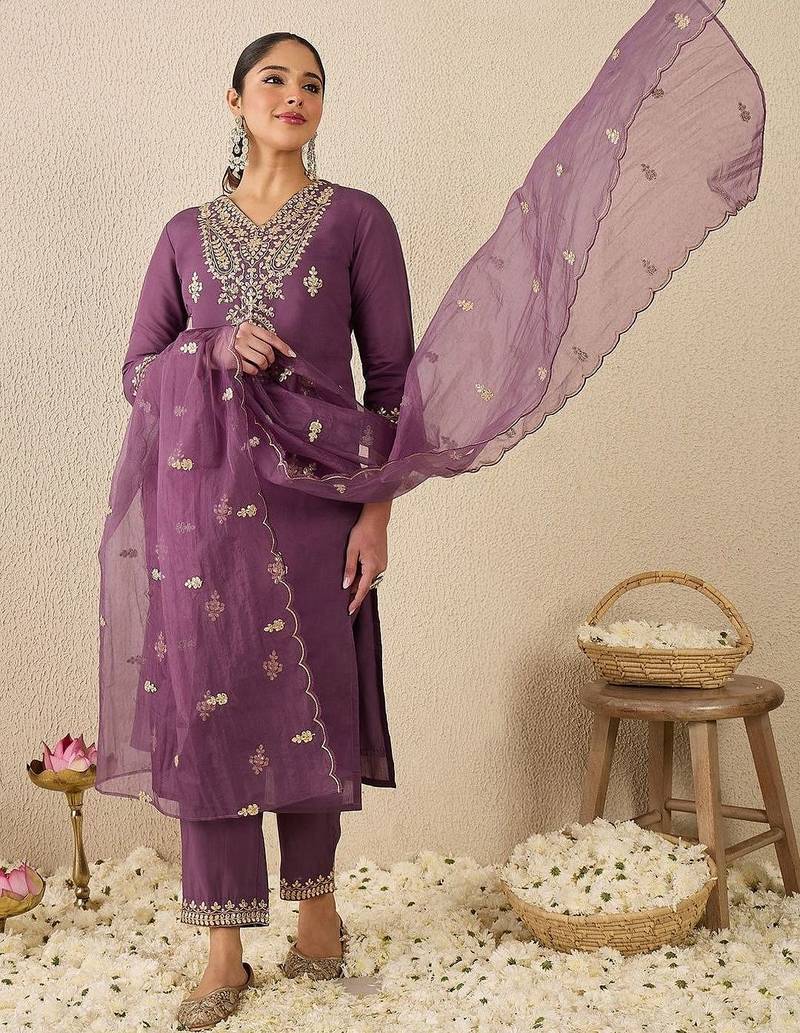 Women Embroidered Sequinned Regular Straight Kurta With Trousers & Dupatta