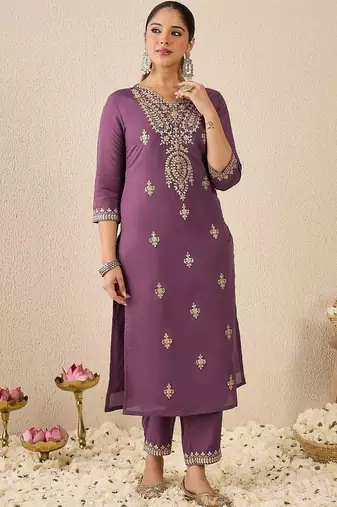 Women Embroidered Sequinned Regular Straight Kurta With Trousers & Dupatta