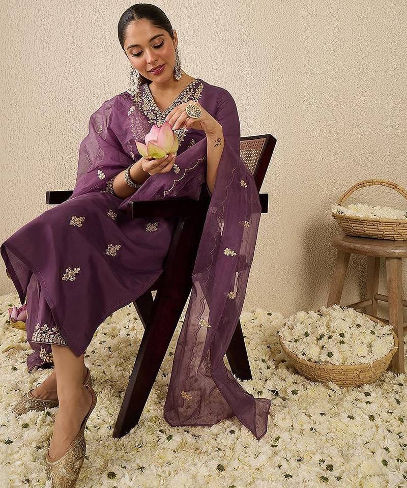 Women Embroidered Sequinned Regular Straight Kurta With Trousers & Dupatta