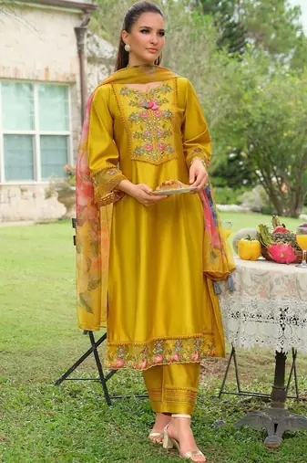 Floral Yoke Design Tie-Up Neck Mirror Work A-Line Kurta & Dupatta with Trousers