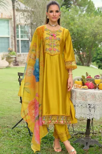 Floral Yoke Design Tie-Up Neck Mirror Work A-Line Kurta & Dupatta with Trousers