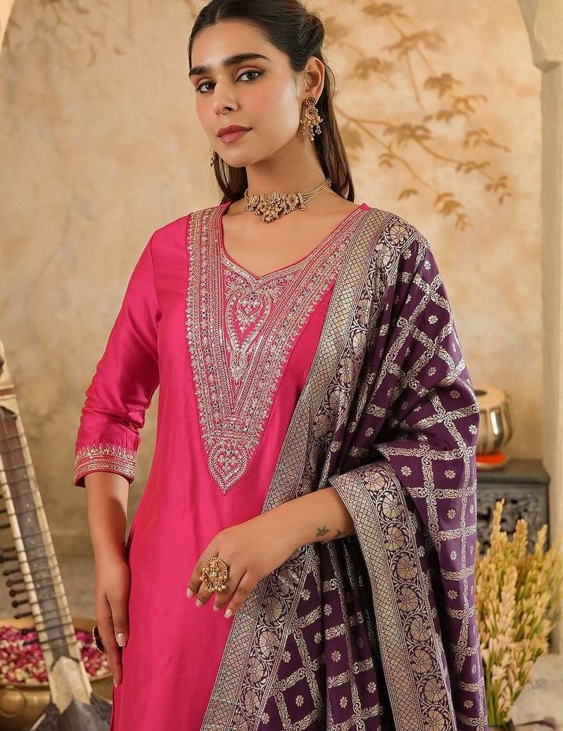 Women Ethnic Motifs Embroidered Regular Kurta with Trousers & Dupatta