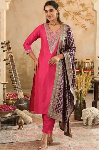 Women Ethnic Motifs Embroidered Regular Kurta with Trousers & Dupatta