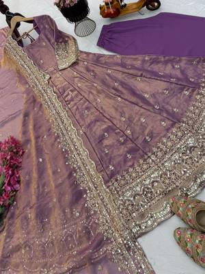 Lavender fendy silk embroidered stitched kurta set 3