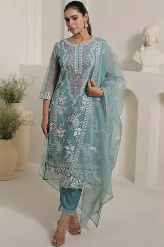 Floral Embroidered Thread Work Straight Kurta With Trousers & Dupatta