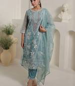 Floral Embroidered Thread Work Straight Kurta With Trousers & Dupatta