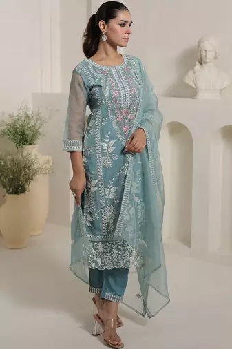 Floral Embroidered Thread Work Straight Kurta With Trousers & Dupatta
