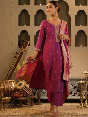 Ethnic Motifs Embroidered Thread Work Kurta with Trousers & Dupatta 1