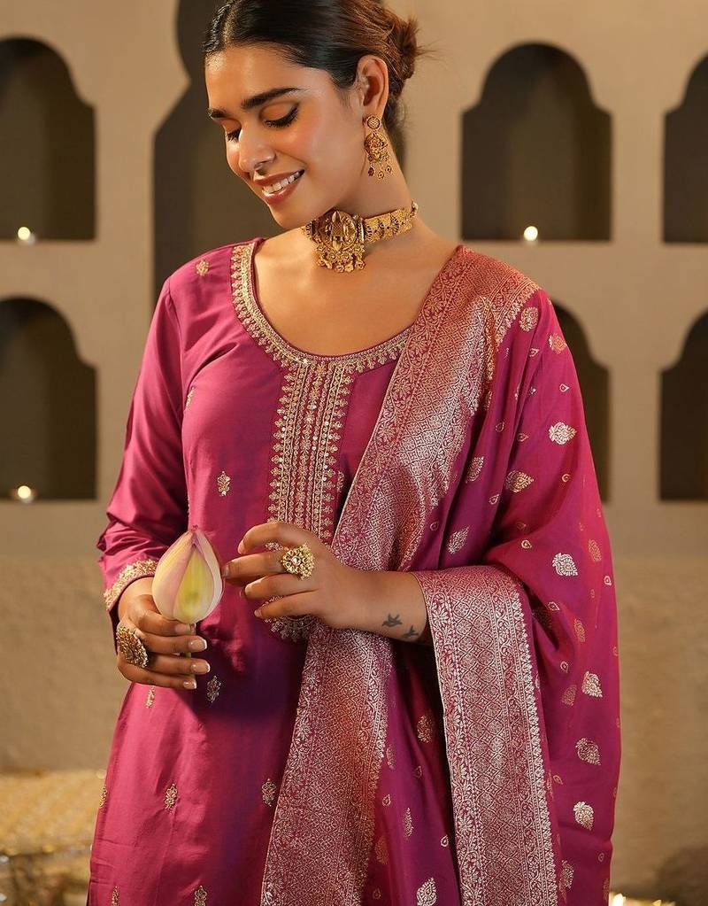 Ethnic Motifs Embroidered Thread Work Kurta with Trousers & Dupatta