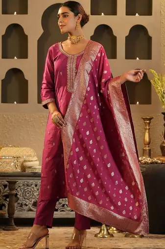 Ethnic Motifs Embroidered Thread Work Kurta with Trousers & Dupatta