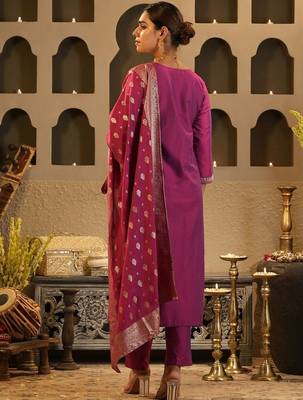 Ethnic Motifs Embroidered Thread Work Kurta with Trousers & Dupatta 4