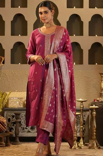 Ethnic Motifs Embroidered Thread Work Kurta with Trousers & Dupatta
