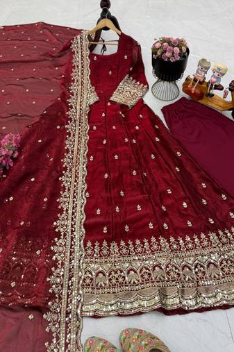 maroon fendy silk embroidered stitched kurta set