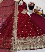 Maroon fendy silk embroidered stitched kurta set