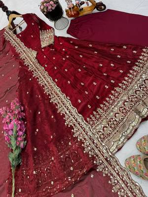 Maroon fendy silk embroidered stitched kurta set 2