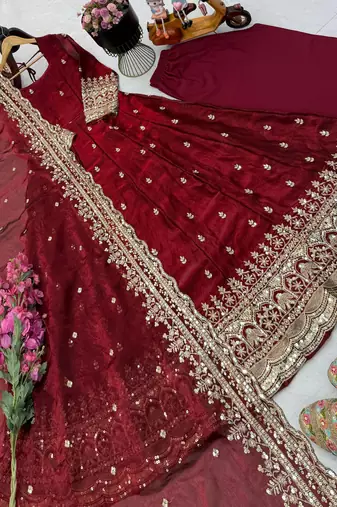 maroon fendy silk embroidered stitched kurta set