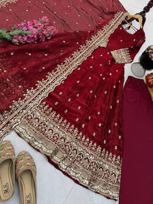 Maroon fendy silk embroidered stitched kurta set 3