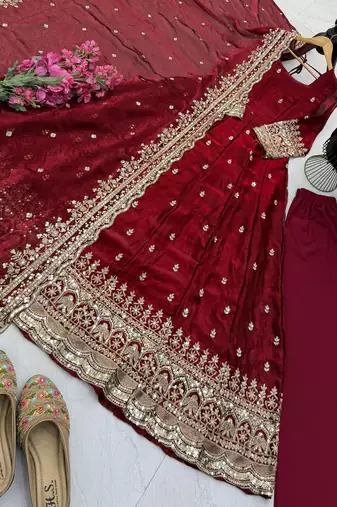 maroon fendy silk embroidered stitched kurta set
