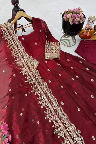 maroon fendy silk embroidered stitched kurta set