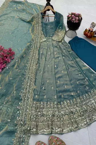 grey fendy silk embroidered stitched kurta set