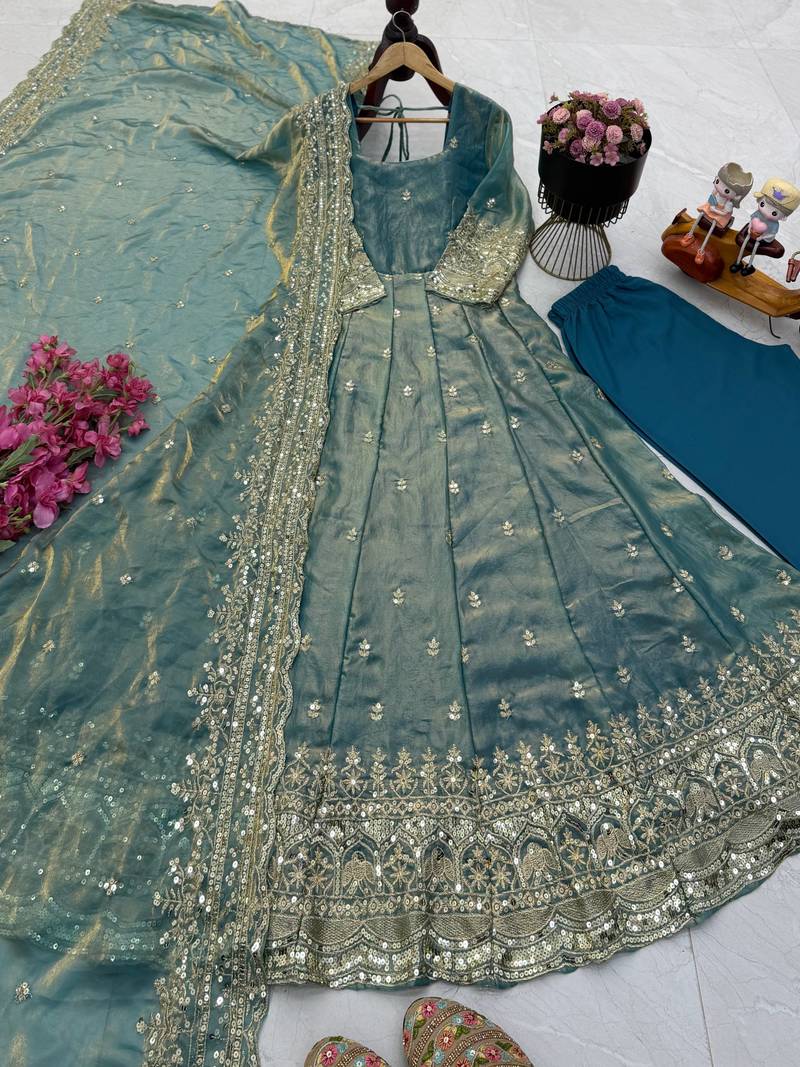 Grey fendy silk embroidered stitched kurta set