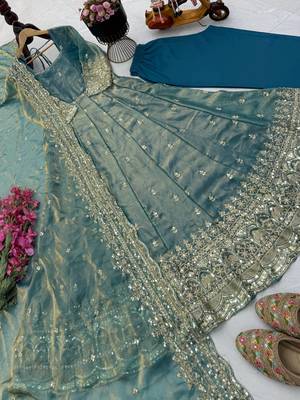 Grey fendy silk embroidered stitched kurta set 2