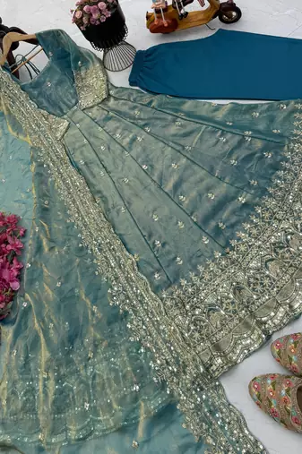 grey fendy silk embroidered stitched kurta set