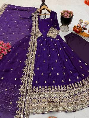 Purple fendy silk embroidered stitched kurta set 1