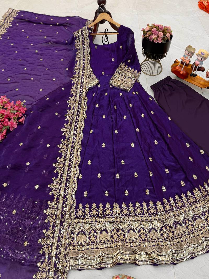 Purple fendy silk embroidered stitched kurta set