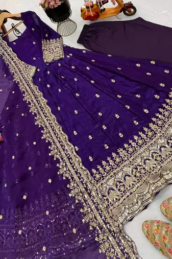 purple fendy silk embroidered stitched kurta set