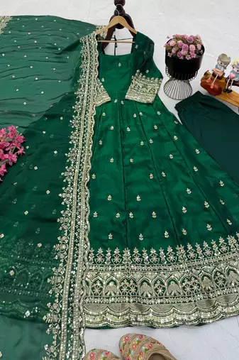 green fendy silk embroidered stitched kurta set