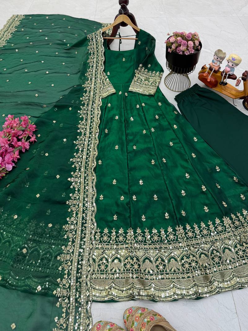 Green fendy silk embroidered stitched kurta set