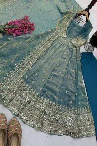 grey fendy silk embroidered stitched kurta set