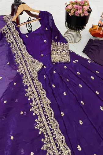 purple fendy silk embroidered stitched kurta set