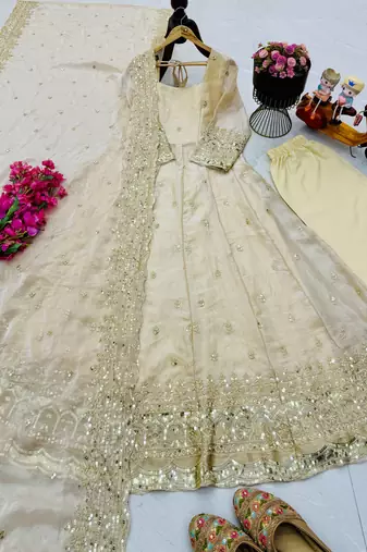 Off white fendy silk embroidered stitched kurta set