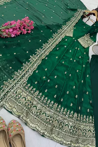 green fendy silk embroidered stitched kurta set