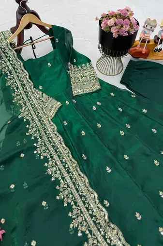 green fendy silk embroidered stitched kurta set