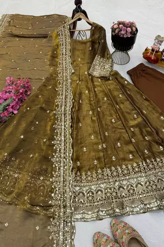 gold fendy silk embroidered stitched kurta set