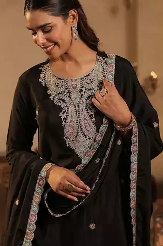 Ethnic Motifs Embroidered Thread Work Kurta With Sharara & Dupatta