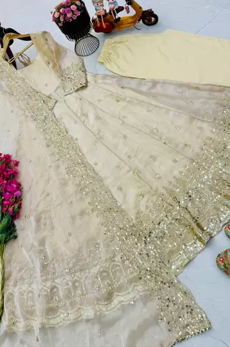Off white fendy silk embroidered stitched kurta set