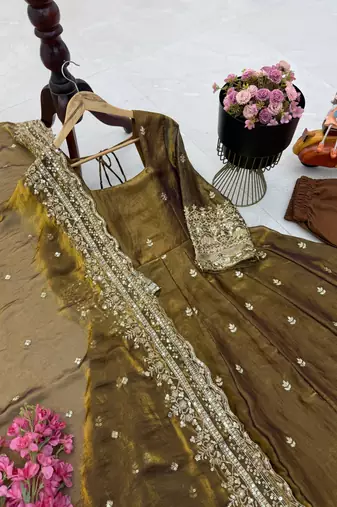 gold fendy silk embroidered stitched kurta set