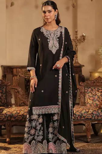 Ethnic Motifs Embroidered Thread Work Kurta With Sharara & Dupatta
