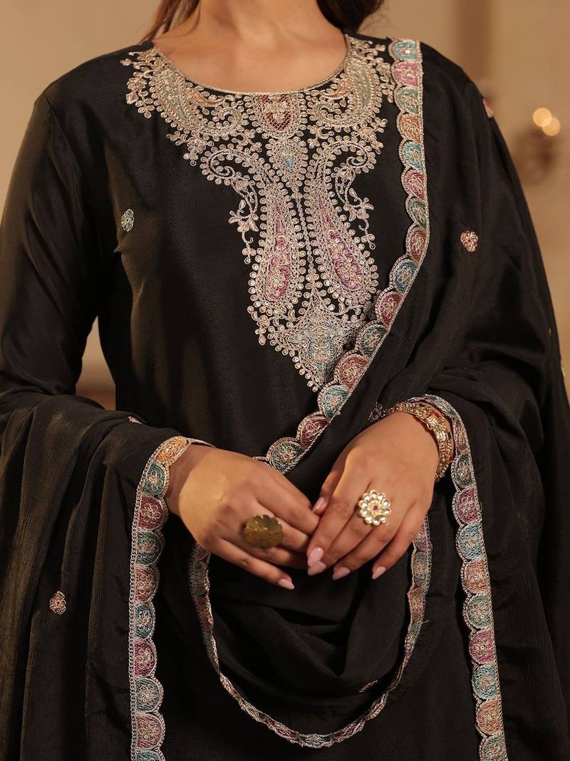 Ethnic Motifs Embroidered Thread Work Kurta With Sharara & Dupatta