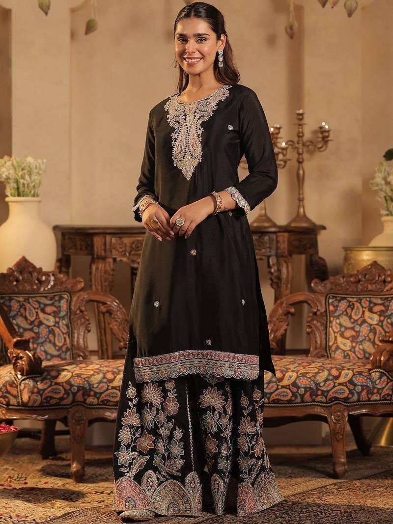 Ethnic Motifs Embroidered Thread Work Kurta With Sharara & Dupatta