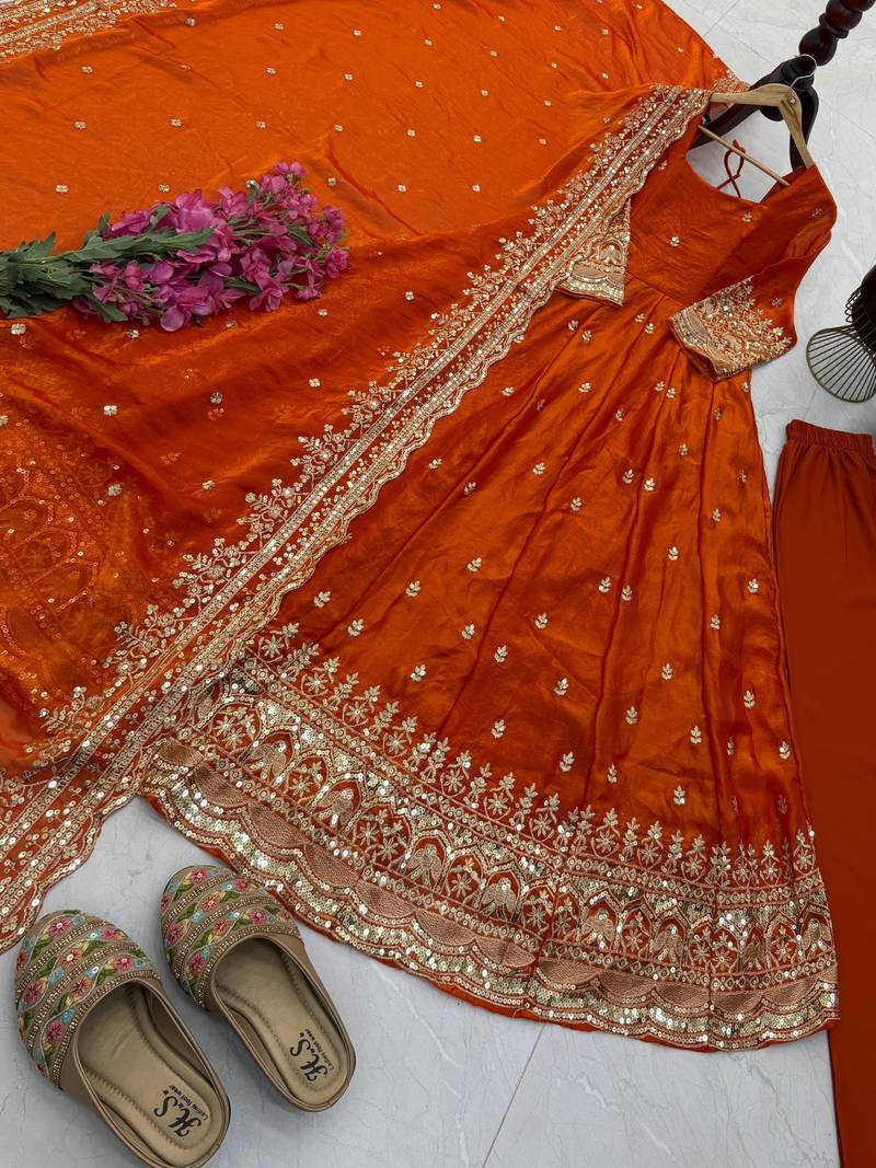 Orange fendy silk embroidered stitched kurta set